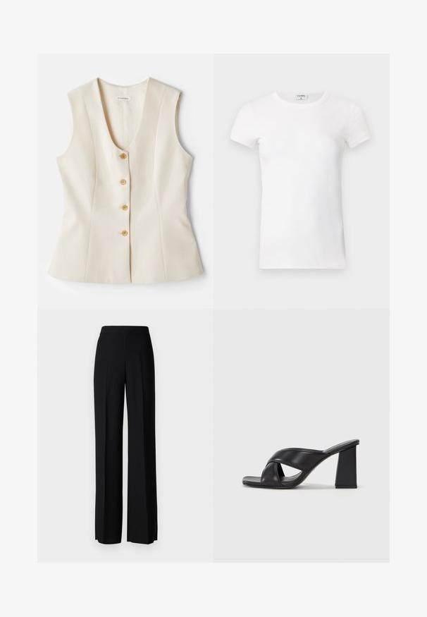 Sleeveless, v-neck beige top with five buttons along the front, tailored fit, and smooth texture. Lightweight fabric. No patterns.; White ribbed short-sleeve T-shirt with a crew neck. The fabric appears smooth with a fitted silhouette. Branding label visible at the collar.; Black wide-leg trousers with a smooth texture, featuring a high waistband and center pleats. No visible patterns or hardware details.; MAX&Co. SOHO - High heeled sandals - schwarz