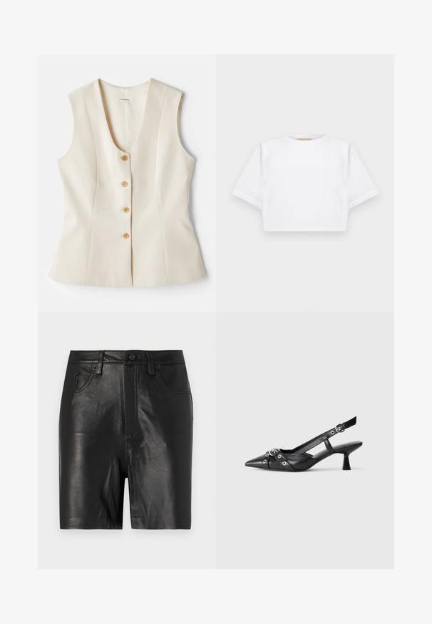 Kätistega, V-kaelusega beež topp viie nupuga ees, kohandatud lõige ja sujuv tekstuur. Kerge kangas. Ilma mustriteta.; Lühikeste varrukatega, pehmest kangast lõigatud valge T-särk, millel on ümar kaelus ja soonikuga ääred. Lihtne ja ilma kaunistusteta disain.; Mustad nahast lühikesed püksid sileda tekstuuriga, eesosa on lukuga, nööbi kinnitusega ja klassikalise viie tasku kujundusega.; Must must have must toote tõmblukuga, dekoratiivsed rihmad metallist silmadega ja madal blokk-kand. Tekstureeritud pind.