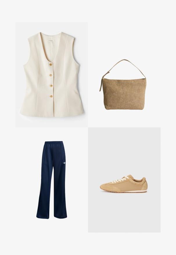 Ærmeløs, v-hals beige top med fem knapper langs fronten, skræddersyet pasform og glat tekstur. Letvægtsstof. Ingen mønstre.; Simpel hvid t-shirt med korte ærmer og rund halsudskæring, slim fit, præsenteret fladt mod en hvid baggrund.; Mørkeblå træningsbukser lavet af glat stof, med elastisk talje og hvidt logo-detalje på venstre hofte. Lige ben-design.; Lystebrune sneakers lavet af ruskind og stof, med rund tå, hvide snørebånd og en gummisål med struktureret overflade.; Vævet beige lædertaske med en enkelt skulderrem, der har en rektangulær form og tekstureret overflade. Justerbart remudstyr inkluderet.