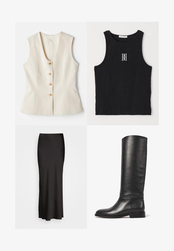 Ujjatlan, V nyakú bézs felső, öt gombbal az elején, testreszabott fazon, sima textúrával. Könnyű anyagból készült. Mintázat nélküli.; Fekete bordás trikó kerek nyakkivágással és fehér hímzett logóval. Az anyag sima tapintású, testhezálló formával.; Fekete, padlóig érő selymes hatású szoknya, sima textúrával, testhez simuló derékkal és A-vonalú sziluettel, látható díszítések vagy minták nélkül.; Térd feletti fekete bőr csizma textúrázott felülettel, lekerekített orral, sima szárával és alacsony, rétegelt sarkával. Minimális dizájn, látható fémalkatrészek nélkül.