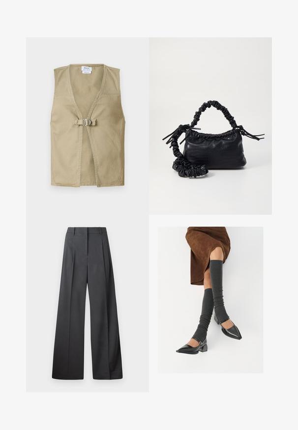 Vest bej fără mâneci, realizat dintr-un material durabil, cu un decolteu adânc în V, închidere frontală cu cataramă și un design curat, minim.; Cămașă albă cu nasturi, confecționată din bumbac neted, având un guler clasic, mâneci lungi și un tiv curbat. Nasturii sunt mici și albi.; Pantaloni culți din țesătură gri închis, cu talie înaltă, pliuri simple și o textură netedă, cu o finisare curată la tivuri.; Pantofi negri din piele lacuită, cu vârful ascuțit, toc bloc și curea la glezna, asortați cu jambiere gri cu nervuri și o fustă din suede maro.; Geantă din faux leather neagră cu textură de crocodil, cu partea superioară strânsă și o curea mototolită. Pare moale și compactă ca design.