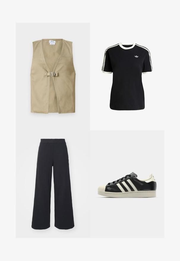Gilet beige senza maniche realizzato in tessuto resistente, con scollatura a V profonda, chiusura anteriore con fibbia e design pulito e minimale.; T-shirt nera in cotone con accenti bianchi sul collo e sulle maniche, caratterizzata da tre strisce bianche su ciascun spalla e un piccolo logo sul petto.; Pantaloni felpati neri a gamba larga realizzati in tessuto morbido, con un elastico in vita e un piccolo logo sul lato sinistro.; Sneaker in pelle nera con strisce bianche, punta in gomma, lacci neri e suola di colore crema. Texture liscia con finitura brillante.