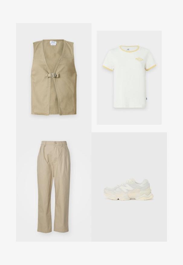 Colete sem mangas bege feito de tecido durável, com um decote em V profundo, fecho frontal com fivela e um design limpo e minimalista.; Camiseta de algodão branca com gola e punhos amarelos em ribana. Apresenta uma marca bordada em amarelo na parte da frente. Corte regular.; Calças bege em algodão, com um corte descontraído, pregas frontais, fecho com um único botão e pernas retas com bainhas cosidas.; Sapatilha leve com um upper em malha e camurça em tons suaves de creme, com uma sola robusta e acentos tridimensionais.