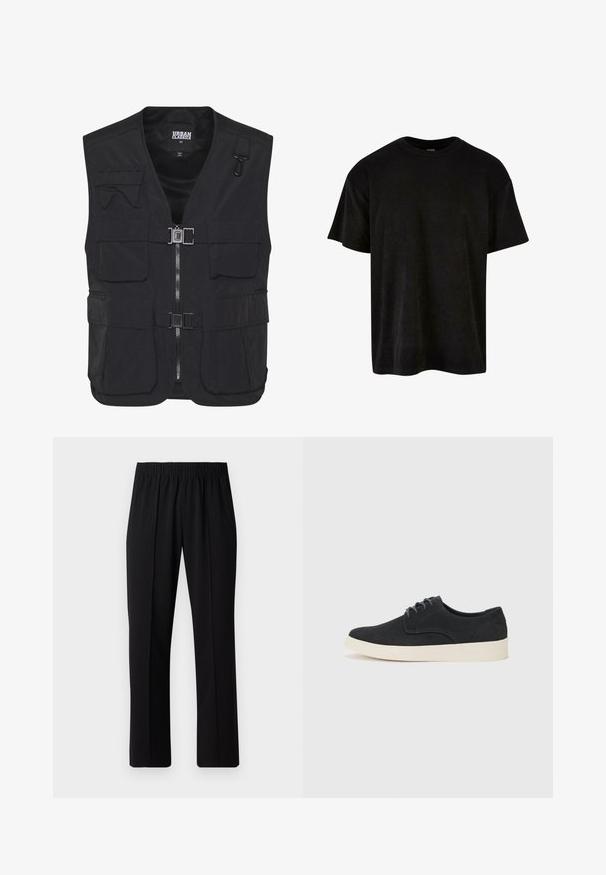 Schwarze Utility-Weste aus leichtem Stoff, mit mehreren Fronttaschen, einem Reißverschluss und einem Netzfutter zur Belüftung.; Schwarzes Baumwoll-T-Shirt mit kurzen Ärmeln, Rundhalsausschnitt, lässiger Passform und glatter Oberfläche. Keine Muster oder zusätzlichen Details sichtbar.; Schwarze, Gummibund-Hosen mit geradem Schnitt, die eine glatte Textur aufweisen und keine sichtbaren Muster oder Beschläge haben.; Schwarzes Wildleder-Schnürschuh mit runder Spitze, leichtem cremfarbenem Sohlen und dezenten blauen Stickakzenten auf dem Obermaterial.