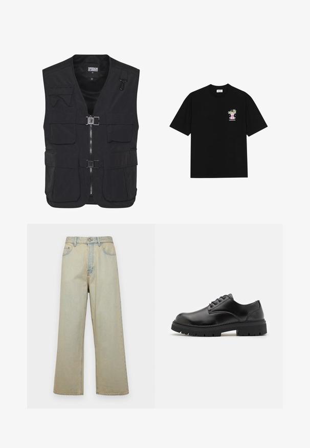 Črn utilitarni jopič iz lahkega materiala, ki ima več sprednjih žepov, zadrgo in mrežasto notranjost za prezračevanje.; Črna bombažna majica s kratkimi rokavi in krožnim izrezom, ki ima na levi strani prsnega dela pisano grafiko, ki prikazuje medvedka in stilizirano besedilo.; Svijetloplavi traper hlače širokog kroja s izblijedjelim finishom. Ima pet džepova i kopčanje na gumbe sprijeda.; Črne usnjene čevlje s podolgovatim prstom, z vezalnim dizajnom in debelim, teksturiranim gumijastim podplatom. Imajo šivanje ob robu in gladko površino.