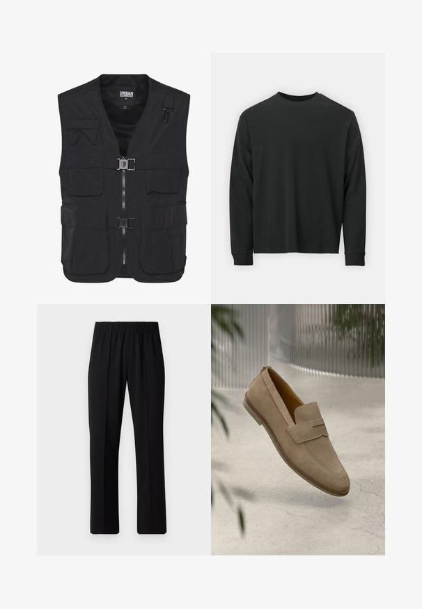 Svart arbeidsvest laget av lett stoff, med flere lommer foran, glidelås foran, og meshfôr for ventilasjon.; Langermet svart T-skjorte laget av bomull, med rund hals, løs passform og ribbestrikkede mansjetter. Glatt tekstur uten synlige mønstre.; Svart, elastisk midjebukser med rett ben-design, med en glatt tekstur og uten synlige mønstre eller maskinvare.; Beige semsket slip-on sko med moccasin-lignende design, som har en dekorativ stropp og sømdetaljer, hvilende over en teksturert overflate.