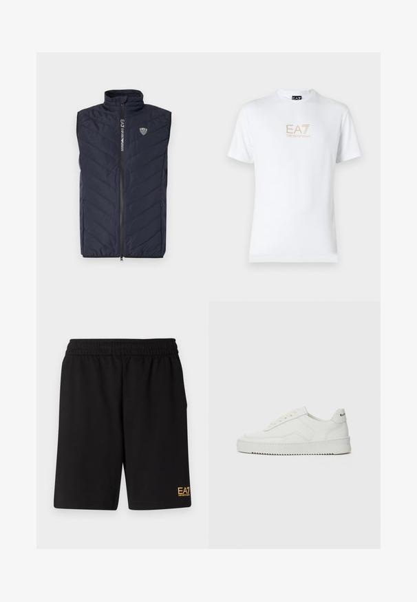 Marineblå ärmlös puffer väst med vertikal quiltad mönster, hög krage, hel dragkedja och logotyp på bröstet.; Vit bomull t-shirt med rund halsringning och korta ärmar, med en guld EA7 Emporio Armani-logotyp tryckt på framsidan.; Svarta träningsshorts i mjukt tyg, med ett elastiskt midjeband och en liten gul EA7-logotyp på nedre vänstra benet.; Vita lädersneakers med en jämn yta, rund tå, platta snörningar och en strukturerad sula. Har en diskret logotyp på hälen.
