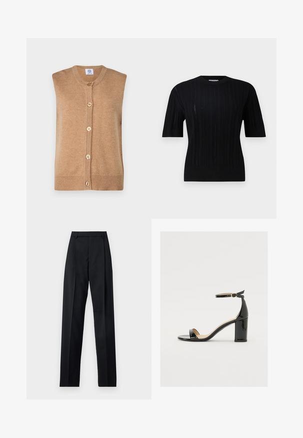 Sleeveless camel-colored knitted vest with a rounded neckline, five golden buttons down the front, and ribbed hem detailing.; Filippa K BRAID - Jumper - black; Black trousers made from smooth fabric featuring a high waist, wide legs, front pleats, and classic belt loops. No side pockets visible.; Black patent leather sandal with a wide heel, open toe, and ankle strap featuring a gold buckle. Smooth texture and sleek design.