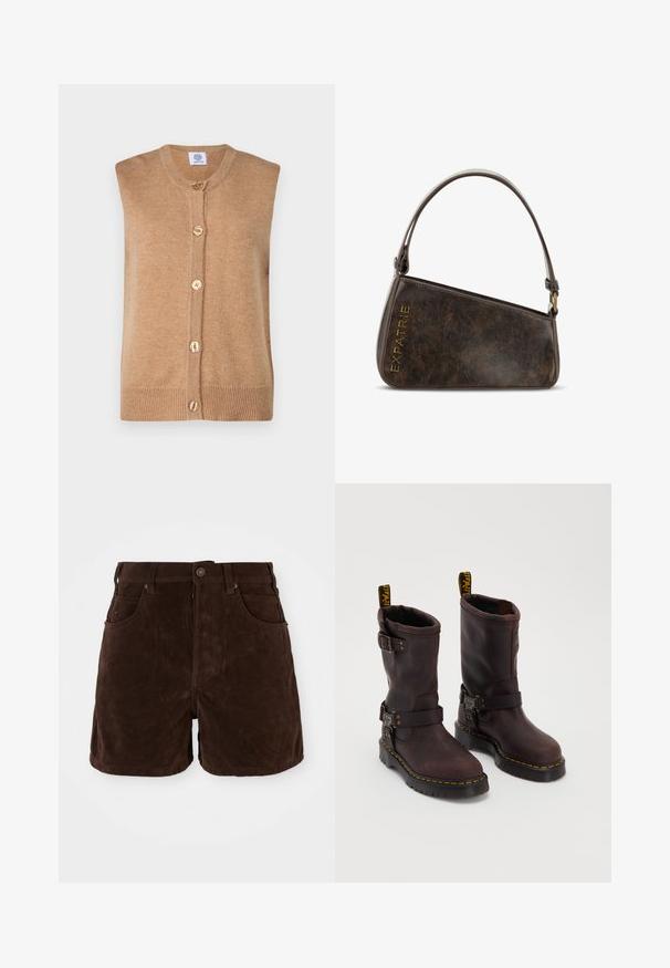 Ærmeløs strikket vest i kamelfarve med rund halsudskæring, fem gyldne knapper ned langs forsiden og ribbet kantdetalje.; Hvid langærmet bluse med flæser på skuldrene, knapfront, peplumtalje og bindebånd. Har et struktureret, let krøllet stof.; Brune ruskindsshorts med høj talje, knaplukning og fire lommer. Glat tekstur og lige snit med rene linjer.; Brune læderstøvler med design der går til midten af læggen, med en rem og spænde, en tyk sort sål og gule stikninger.; Brun faux læder taske med et vinklet design, der har et kort håndtag, bronze hardware og den præget tekst "EXPATRIE" i guld.