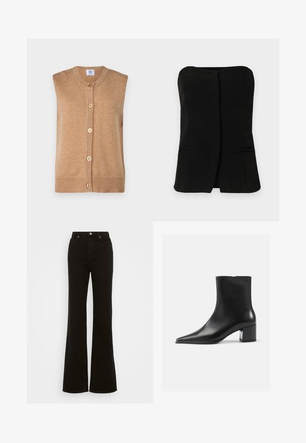 Ujjatlan, tevebarna kötött mellény lekerekített nyakkivágással, az elején öt aranygombbal és bordázott szegéllyel.; Fekete, ujjatlan top egyenes nyakkivágással, elülső gombolóval és két rejtett oldalsó zsebbel. Simább anyag, testre szabott dizájnnal.; Magas derekú fekete trapéz farmer, gombos záródással, oldalsó zsebekkel és sima textúrával.; Fekete bőr bokacsizma hegyes orral, sima felülettel és közepes blokk sarkal. Minimalista dizájn, hátsó cipzáras záródás.