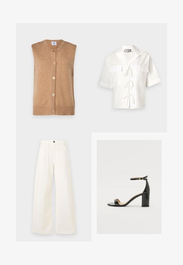 Beżowa, bezrękawnikowa kamizelka z dzianiny o okrągłym dekolcie, pięcioma złotymi guzikami z przodu i prążkowanymi detalami na dole.; Biała koszula z krótkim rękawem i kołnierzykiem, z dwoma przednimi kieszeniami i zawiązaniem na środku. Teksturowany materiał z delikatnym wzorem.; Spodnie o szerokich nogawkach w kolorze off-white z bawełny, z wysokim stanem, dwiema przednimi kieszeniami oraz pojedynczym zapięciem na guzik z przodu.; Czarne sandały z lakierowanej skóry na szerokim obcasie, z otwartym czubkiem i paskiem na kostce z złotą klamrą. Gładka faktura i elegancki design.