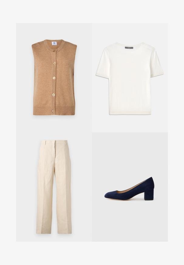 Bezrúchový pletený sveter pieskovej farby s okrúhlym výstrihom, piatimi zlatými gombíkmi na prednej strane a rebrovaným lemom.; Biele krátke rukávy pletené tričko s okrúhlym výstrihom, ktoré má jemnú textúru a nenápadné rebrované detaily na rukávoch a leme.; Béžové ľanové nohavice vo voľnom strihu, s plisovaným predným dielom a rovnými nohavicami. Majú pás s pútkami na opasok a bez viditeľných vreciek.; Námořnické modré semišové lodičky s špičatou špičkou a středním blokovým podpatkem. Hladká textura s jemným leskem a malým výstřihem vpředu.