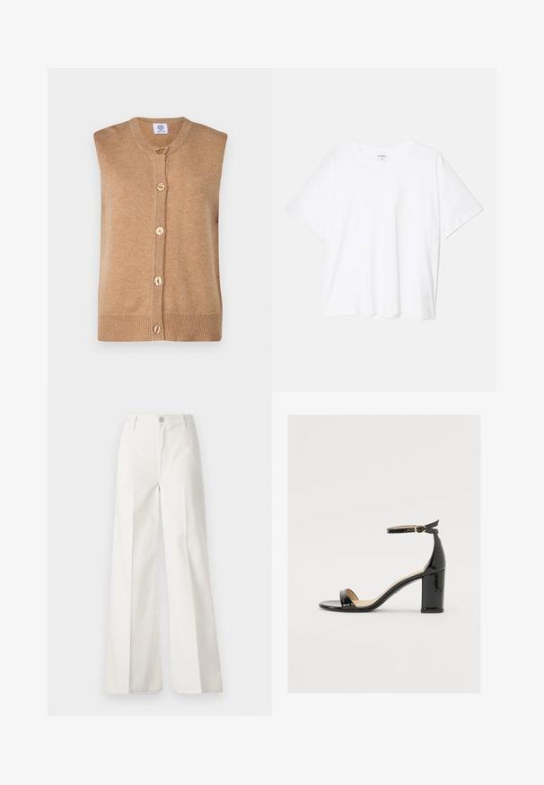 Ärmelloser, khakifarbener Strickweste mit rundem Ausschnitt, fünf goldenen Knöpfen auf der Vorderseite und gerippten Saumdetails.; Weißes Baumwoll-T-Shirt mit kurzen Ärmeln, runder Halslinie, lockerer Passform und genähtem Saum. Etikett sichtbar am inneren Kragen.; Weiße weite Hosen aus Baumwolle mit glatter Textur. Sie verfügen über einen vorderen Knopf, einen Reißverschluss und ein Design mit vier Taschen.; Schwarze Lackleder-Sandalette mit weitem Absatz, offener Zehenpartie und Knöchelriemen mit goldener Schnalle. Glatte Textur und elegantes Design.