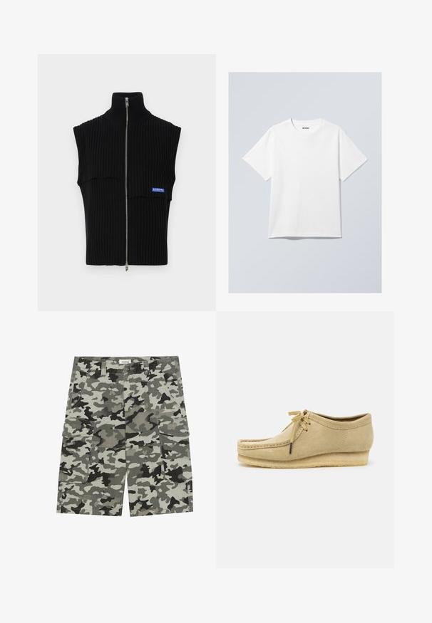 Top sem mangas de malha canelada preta com gola alta e fecho de zíper prateado. Apresenta uma costura horizontal e um detalhe em azul com o logótipo na parte da frente.; T-shirt branca de algodão com gola redonda, mangas curtas e um corte descontraído. Apresenta uma etiqueta da marca com a inscrição "WEEKDAY" na gola.; Calças cargo camufladas em tons de cinza e verde, com múltiplos bolsos, fecho de botão e uma textura de tecido resistente.; Sapato de camurça bege com um design de atacadores, detalhes cosidos e sola de borracha. O formato é casual, com um ligeiro salto em cunha.