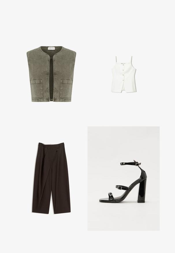Cream Weste - heavy washed green; Weißes ärmelloses Oberteil mit Knopfleiste, Seitentaschen und einem figurbetonten Design mit leicht ausgestellt geschnittenem Saum. Glatte Textur, minimale Details.; Dunkelbraune, weite Hosen mit hohem Bund, die über einen einzigen Knopfverschluss und eine gefaltete Vorderseite verfügen. Hergestellt aus leichtem Stoff.; Schwarze patentierte Sandalen mit Absatz, quadratischer Spitze, Knöchelriemen und silbernen Schnallen. Mit einem stabilen Blockabsatz für mehr Stabilität.