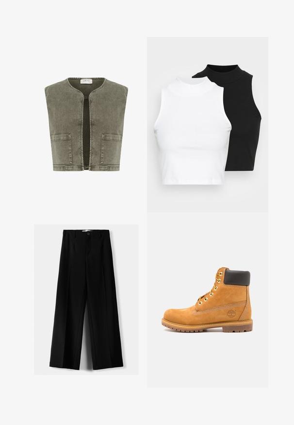 Cream Strukirani kaput - heavy washed green; Dvije bezrukavne rebraste majice s visokim ovratnikom u crnoj i bijeloj boji, s prilagođenim dizajnom i glatkom teksturom, te skraćenom dužinom.; Crne široke hlače izrađene od lagane tkanine, s prednjim zatvaranjem na dugme i ravnim prednjim dijelom, sa uredno šivenim rubovima.; Smeđe kožne gležnjače s crnim podstavama, zlatnim umetkom i teksturiranim potplatom. Imaju kružni logo sa strane i šavove kao naglaske.