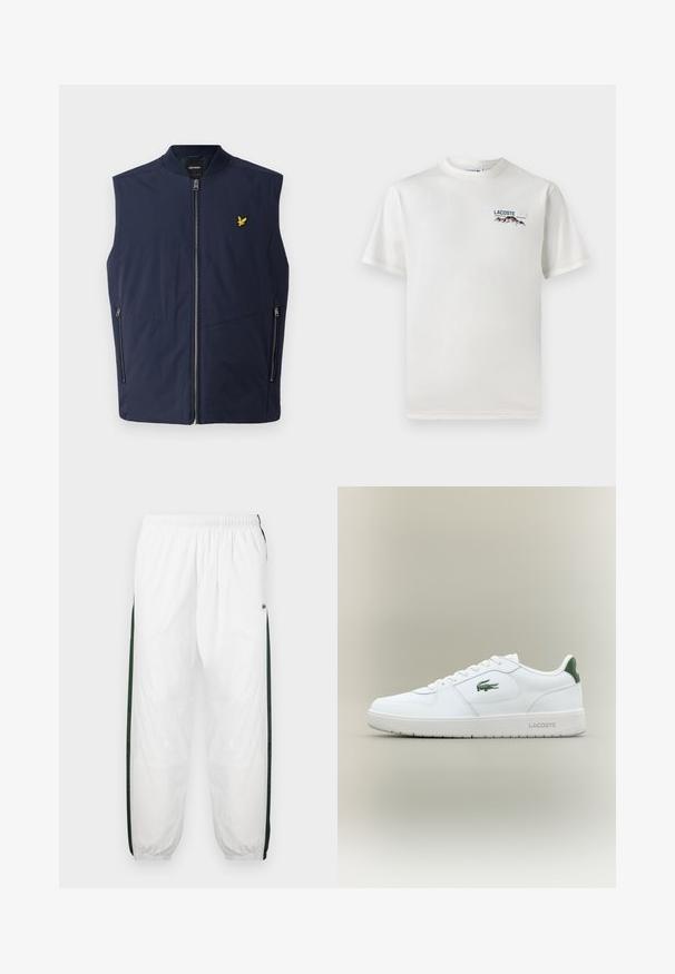 Námornícky bezrúkový sveter s hladkým povrchom, ktorý má predný zips a malé žlté vyšívané logo na hrudi. Dva bočné vrecká.; Biela bavlnená tričko s okrúhlym výstrihom, krátkymi rukávmi a malou vyšívanou nášivkou s motívom hôr a textom na ľavej hrudi.; Biele športové nohavice s tmavozelenými bočnými panelmi. Ľahký materiál, elastický pás a sťahované lemy. Obsahujú sieťovinovú textúru na bočných paneloch.; Biele kožené tenisky s hladkým povrchom, zelenými akcentami na päte a zeleným logom na boku. Majú plochú podrážku a okrúly špičku.