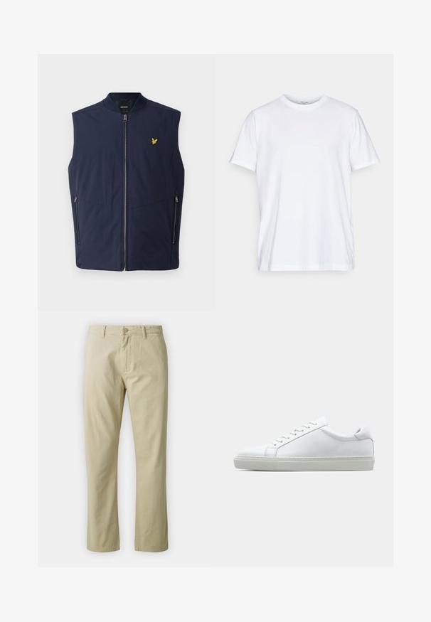 Marineblå ermeløs vest med en glatt tekstur, som har glidelås foran og en liten gul brodert logo på brystet. To sidelommer.; Hvit bomulls t-skjorte med korte ermer, rund hals og avslappet passform. Har et minimalistisk design, uten mønstre eller detaljer.; Beige bomullsbukser med rett ben-design, frontlukking med knapp og beltehemper. Jevn tekstur, ingen synlige mønstre eller detaljer.; Hvit sneakers med en glatt skinnoverdel og lav profil. Har en rund tå, seks snøring hull, og en teksturert gummisåle.