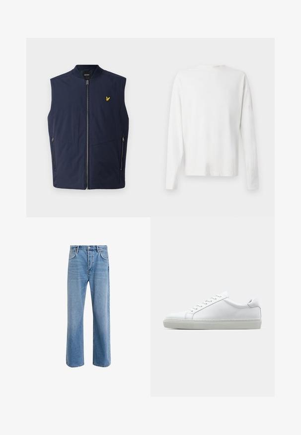 Marineblaue ärmellose Weste mit glatter Textur, ausgestattet mit einem Frontreißverschluss und einem kleinen gelben gestickten Logo auf der Brust. zwei seitliche Taschen.; Langärmliges weißes Baumwollhemd mit rundem Ausschnitt, seitlichen Schlitzen am unteren Rand und glatter Textur, von hinten präsentiert.; Helle blaue Jeans im Geradeschnitt-Design, mit fünf Taschen, Knopfverschluss, minimaler Ausbleichung und kontrastierenden Nähdetails.; Weißer Sneaker mit glattem Lederobermaterial und niedrigem Profil. Verfügt über eine runde Zehenpartie, sechs Ösen und eine strukturierte Gummisohle.