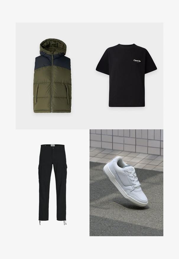 Jack & Jones JCOAERO - Weste - forest night; Schwarzes Baumwoll-T-Shirt mit Rundhalsausschnitt, kurzen Ärmeln und kleinem weißen Logotext auf der linken Brust. Schlichtes Design, klassischer Schnitt.; Schwarze Cargo-Hosen mit geradem Schnitt, ausgestattet mit Seitentaschen, einem Knopfverschluss und elastischen Zugbändern an den Knöcheln. Hergestellt aus strapazierfähigem Stoff.; Weiße Ledersneaker mit perforierten Seiten, strukturierten Akzenten, flachen Schnürsenkeln und einer kontrastierenden grauen Ferse. Verfügt über eine leicht erhöhte Sohle.