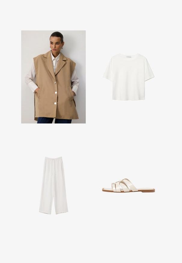 Beige ilmanhihaista liiviä, jossa on räätälöity muotoilu, suuret kaulukset, hopeiset napit ja sivutaskut, kerroksittain valkoisen paidan päällä.; Valkoinen lyhythihainen T-paita, joka on tehty puuvillasta. Siinä on pyöreä kaula-aukko ja rento malli. Silkkinen pinta ilman näkyviä kuvioita tai koristeita.; Valkoiset leveälahkeiset housut kevyestä kankaasta. Ominaisuuksiin kuuluu elastinen vyötärö, jossa on nauhakuuluma ja sivutaskut. Sileä rakenne.; Tason vaaleanruskealla kumipohjalla, jossa on kolme päällekkäistä valkoista nahkaremmiä ja pieni satiininen rusetti keskellä.