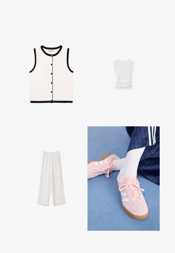 Ärmelloses weißes Top mit schwarzem Besatz. Verfügt über einen runden Halsausschnitt und sechs schwarze Knöpfe auf der Vorderseite. Glatte Textur.; Weißes Kurzarmoberteil mit Rundhalsausschnitt. Verfügt über geraffte Textur an den Seiten und eine figurbetonte Silhouette, gefertigt aus weichem, dehnbarem Material.; Weiße weit geschnittene Hose aus leichtem Stoff. Mit einem elastischen Bund und Kordelzug sowie Seitentaschen. Glatte Textur.; Hellrosa Wildleder-Sneaker mit weißen Streifen und Schnürsenkeln, ausgestattet mit einer strukturierten Zunge und einer Gummisohle, auf einem blauen Teppich platziert.
