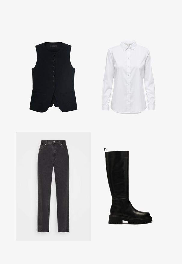 Schwarze ärmellose Weste mit rundem Ausschnitt, ausgestattet mit einer Knopfleiste auf der Vorderseite und zwei Seitentaschen. Glattes Material mit einer taillierten Passform.; Weißes Hemd mit langen Ärmeln, strukturiertem Kragen und abgerundetem Saum. Hergestellt aus einem glatten, einfarbigen Stoff ohne sichtbare Muster oder Akzente.; Schwarze Denim-Jeans mit geradem Bein, hoher Taille, vorderem Knopf und Reißverschluss sowie fünf Taschen auf weißem Hintergrund.; Schwarze kniehohe Lederstiefel mit sleekem Design, runder Zehenform und robuster Gummisohle mit tiefen Rillen sowie einer Anhieblasche an der Oberseite.