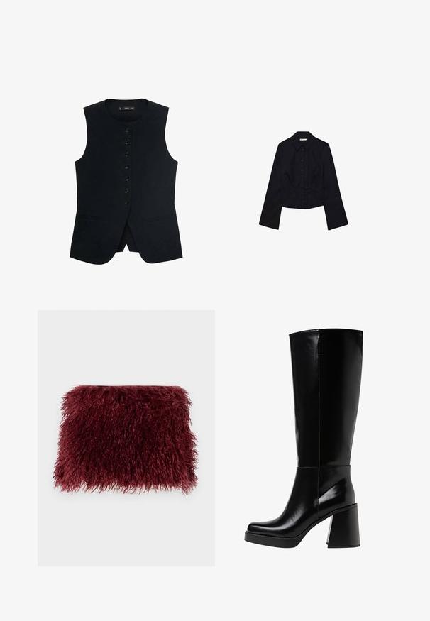 Schwarze ärmellose Weste mit rundem Ausschnitt, ausgestattet mit einer Knopfleiste auf der Vorderseite und zwei Seitentaschen. Glattes Material mit einer taillierten Passform.; Schwarzes, kurzes Oberteil mit langen Ärmeln, Kragen und Knopfleiste. Hergestellt aus glattem Stoff, mit tailliertem Design und minimalen Details.; Burgunderfarbene Pelztasche mit einer strukturierten, flauschigen Oberfläche und rechteckiger Form, die über weiche, lange Fasern verfügt.; Schwarze knöchelhohe Stiefel aus glänzendem Material, mit einem klobigen Blockabsatz und einer runden Zehenpartie. Nahtdetails verlaufen entlang der Außenseite.