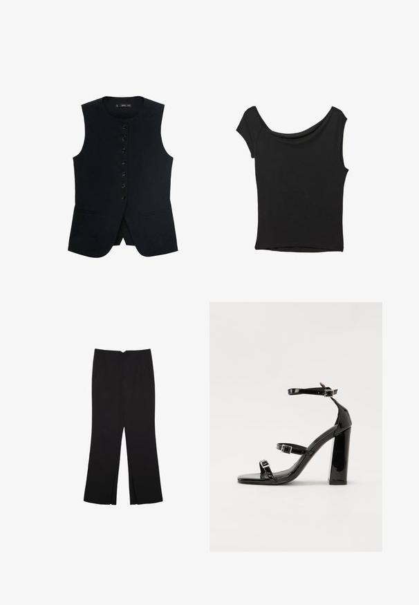 Gilet sans manches noir avec un col rond, doté d'une fermeture à boutons sur le devant et de deux poches latérales. Tissu lisse avec une coupe ajustée.; Haut noir à manches courtes en tissu lisse ; il présente un col drapé et un ourlet asymétrique, avec un corps ajusté.; Pantalon noir avec une coupe droite, doté de poches avant et d'éclairs sur l'ourlet. Fabriqué en tissu doux et lisse. Convient à diverses occasions.; Sandales à talons vernies noires avec un bout carré, des sangles autour de la cheville et des boucles en argent. Dotées d'un talon bloc épais pour plus de stabilité.