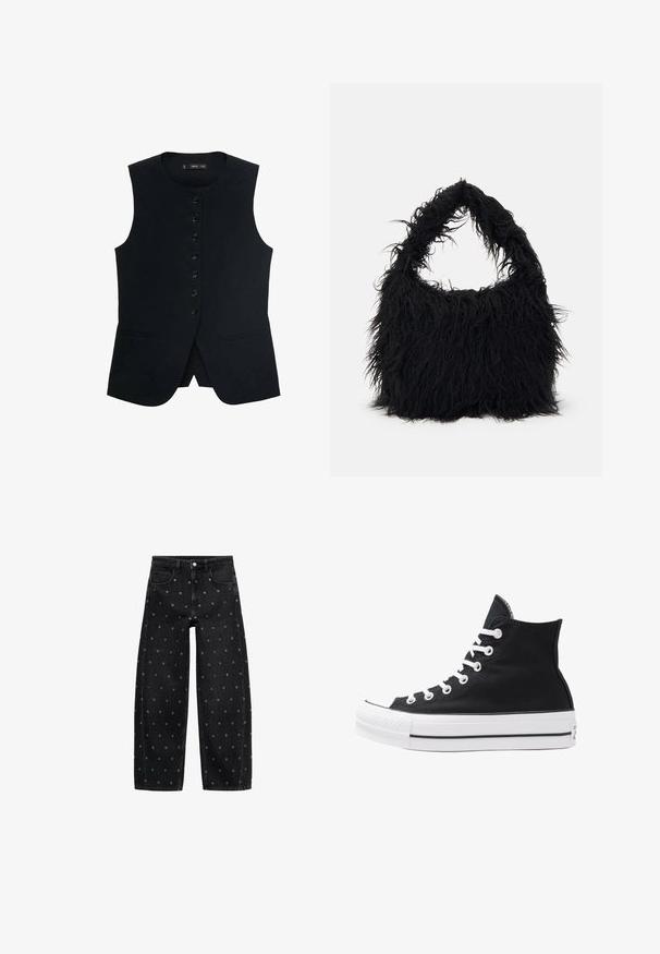 Gilet nero senza maniche con scollatura rotonda, caratterizzato da una chiusura frontale a bottoni e due tasche laterali. Tessuto liscio con vestibilità sartoriale.; Blusa bianca corta con maniche a sbuffo e scollatura arricciata elasticizzata, vita e polsini delle maniche.; Jeans a gamba larga in denim nero con un motivo di piccoli occhielli in argento, dotati di un classico design a cinque tasche e chiusura con bottone.; Sneaker alta nera in tela con occhielli e lacci bianchi e suola in gomma. Presenta un punta testurizzata e accenti a strisce bianche e nere.; Even&Odd Shopping bag - black