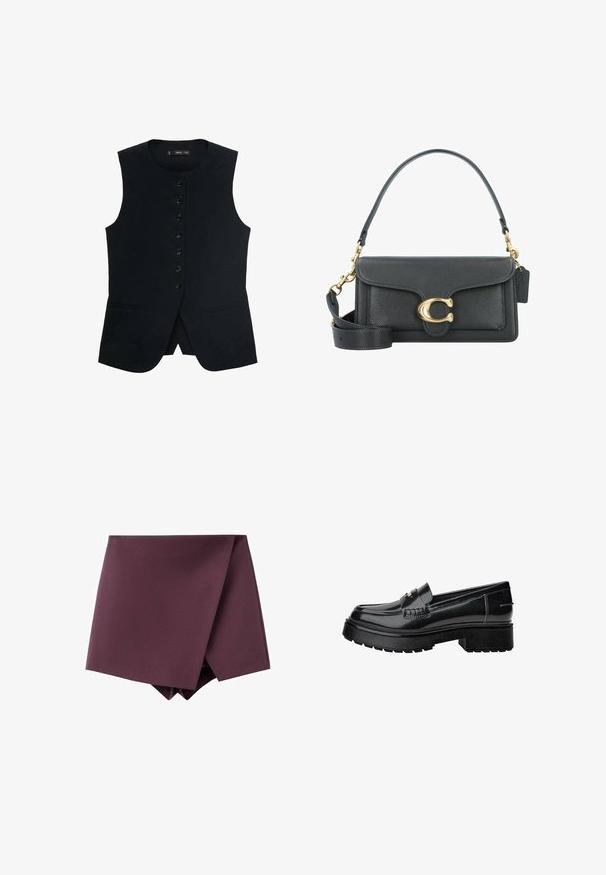 Black sleeveless vest with a round neckline, featuring a front button closure and two side pockets. Smooth fabric with a tailored fit.; White long-sleeve button-up shirt with a classic collar, relaxed fit, side slits, and smooth texture made from lightweight fabric.; Dark purple asymmetrical mini skirt with a wrap front design and smooth fabric texture.; Black patent leather loafers with a chunky sole, featuring a decorative strap and subtle stitching detail. Rubber texture on the outsole.; Black leather handbag with a gold hardware accent, featuring a signature clasp, a detachable shoulder strap, and textured surface.