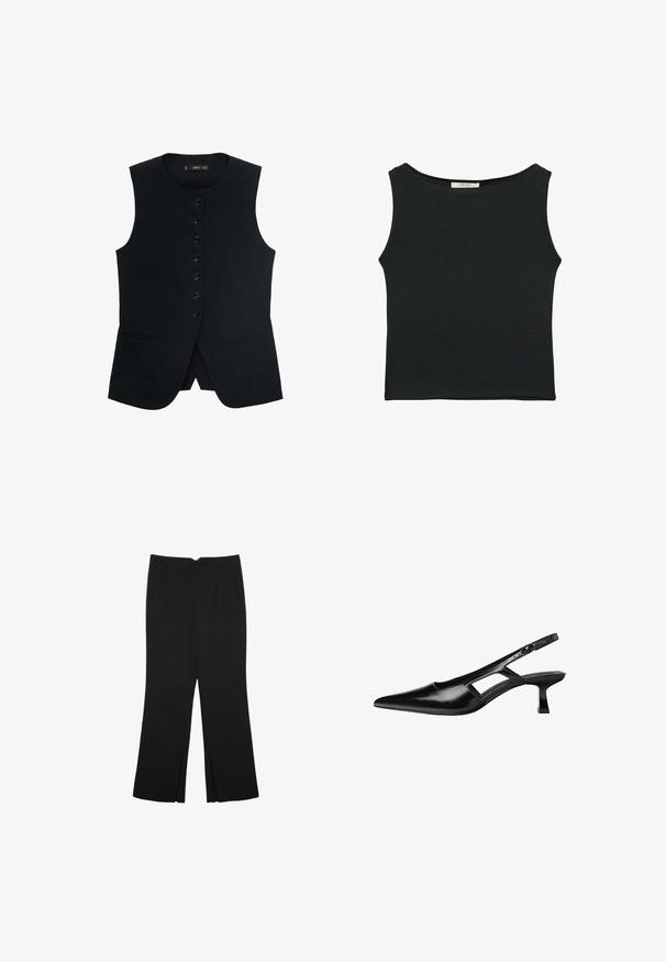 Gilet nero senza maniche con scollatura rotonda, caratterizzato da una chiusura frontale a bottoni e due tasche laterali. Tessuto liscio con vestibilità sartoriale.; Top senza maniche nero realizzato in tessuto morbido, caratterizzato da un collo arrotondato e un design aderente senza motivi visibili o decorazioni.; Pantaloni neri a gamba dritta, con tasche frontali e spacchi laterali all'orlo. Realizzati in tessuto morbido e liscio. Adatti a diverse occasioni.; Tacchi slingback in pelle verniciata nera con punta affusolata, design con tagli laterali e tacco quadrato piccolo. Texture liscia con dettagli minimi.