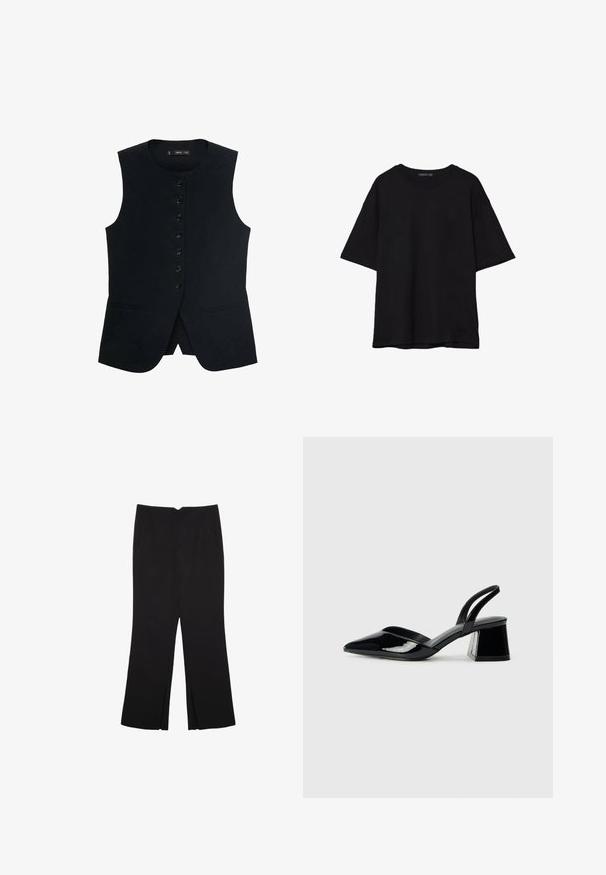 Musta hihaton liivi, jossa on pyöreä pääntie, edessä nappisulku ja kaksi sivutaskua. Sujuva kangas ja hyvin istuva malli.; Musta puuvillainen t-paita, jossa on rento leikkaus, lyhyet hihat, pyöreä pääntie ja sileä rakenne. Ei näkyviä kuvioita tai yksityiskohtia.; Mustat housut suoralinjaisella leikkauksella, joissa on etutaskut ja sivurei'ät helman alla. Valmistettu pehmeästä ja sileästä kankaasta. Sopii eri tilaisuuksiin.; Mustat patentoitu nahkakengät, joissa on säären takaosa ja terävä kärki, sekä geometrinen palikkakorko. Sisältää tyylikkään, minimalistisen muotoilun ja sileän pinnan.