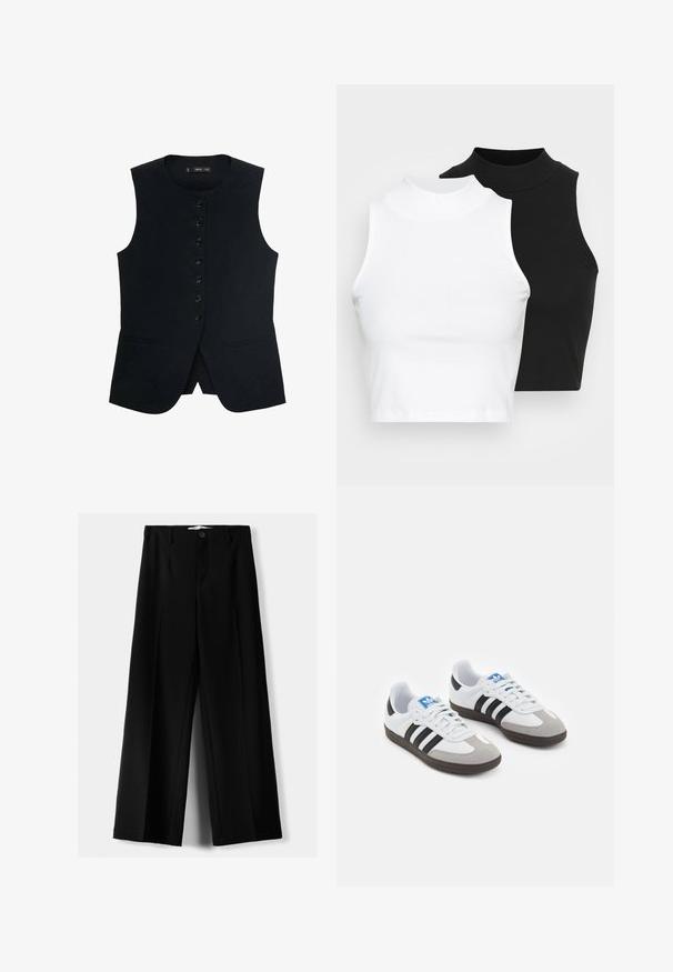 Gilet sans manches noir avec un col rond, doté d'une fermeture à boutons sur le devant et de deux poches latérales. Tissu lisse avec une coupe ajustée.; Deux hauts sans manches en maille côtelée, en noir et blanc, dotés d'un design ajusté et d'une texture lisse, avec une longueur courte.; Pantalons larges noirs en tissu léger, avec une fermeture à bouton à l'avant et un devant plat, dotés d'ourlets soigneusement cousus.; Baskets avec une tige en cuir blanc, un bout en daim gris et trois bandes noires. Présente un logo bleu sur la languette et une semelle en caoutchouc texturée.