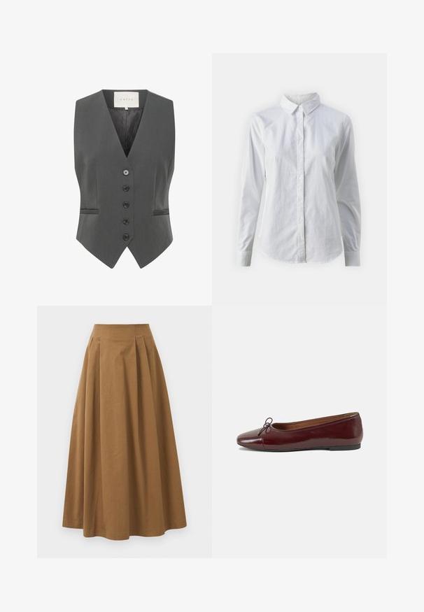 Pelēks žakets ar V veida kakla izgriezumu, kuram ir seši pogas, divas kabatas un gluda faktūra. Izgatavots no pielāgota auduma, kas nodrošina strukturētu piegriezumu.; Balta pogājamā krekla augšdaļa, izgatavota no gluda kokvilnas, ar klasisku apkakli, garām piedurknēm un izliekto apakšmalu. Pogas ir mazas un baltas.; Brūna kokvilnas A formas svārki ar augstu jostasvietu, kurai priekšā ir krokas un gluda tekstūra. Apakšmala ir tīra un vienkārša.; Burgundijas laku ādas baleta kurpes ar noapaļotu purngalu, nelielu loku akcentu priekšā un zemu melnu gumijas zoli. Gluda tekstūra.