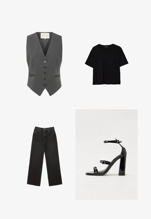 Sivi prsluk s dizajnom u obliku slova V, sadrži šest dugmadi, dva džepa i glatku teksturu. Izrađen od krojenog materijala za strukturirani fit.; Crna majica kratkih rukava od pamuka. Ima okrugli izrez i labav kroj s glatkom, jednoličnom teksturom. Nema vidljivih uzoraka ili akcenta.; Crne široke traperice izrađene od denima, s malim točkastim uzorcima, klasičnim dizajnom s pet džepova i zatvaranjem na gumbe i zatvarač.; Crne lakirane sandale na pete sa kvadratnim nosom, trakama oko gležnja i srebrnim kopčama. Imaju čvrst blok petu za stabilnost.