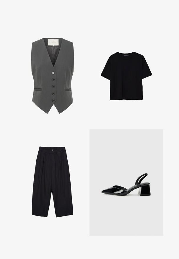 Sivi prsluk s dizajnom u obliku slova V, sadrži šest dugmadi, dva džepa i glatku teksturu. Izrađen od krojenog materijala za strukturirani fit.; Crna majica kratkih rukava od pamuka. Ima okrugli izrez i labav kroj s glatkom, jednoličnom teksturom. Nema vidljivih uzoraka ili akcenta.; Crne poliester hlače culotte s elastičnim pojasom, dva prednja nabora i širokim krojem. Nema vidljivih uzoraka ili metalnih detalja.; Crne lakirane kožne sandale s otvorenom petom i špicastim vrhom, s geometrijskom blok petom. Imaju elegantan, minimalistički dizajn i glatku teksturu.