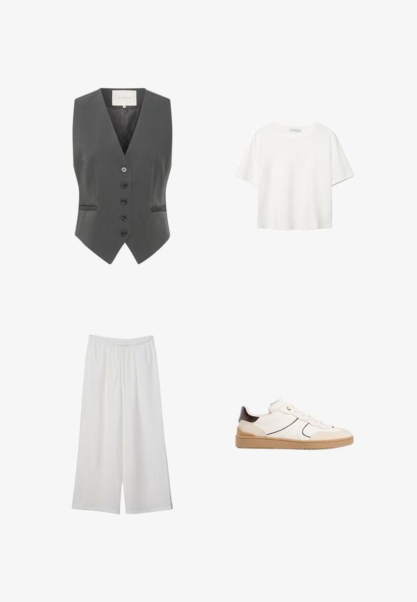 Gilet grigio con scollatura a V, caratterizzato da sei bottoni, due tasche e una texture liscia. Realizzato in tessuto tagliato per una vestibilità strutturata.; T-shirt bianco a maniche corte realizzato in cotone. Presenta un collo tondo e una vestibilità rilassata. Texture liscia senza motivi o dettagli visibili.; Pantaloni bianchi a gamba larga realizzati in tessuto leggero, dotati di una vita elastica e di un cordino per una vestibilità regolabile. Texture liscia.; Stradivarius Sneakers basse - white