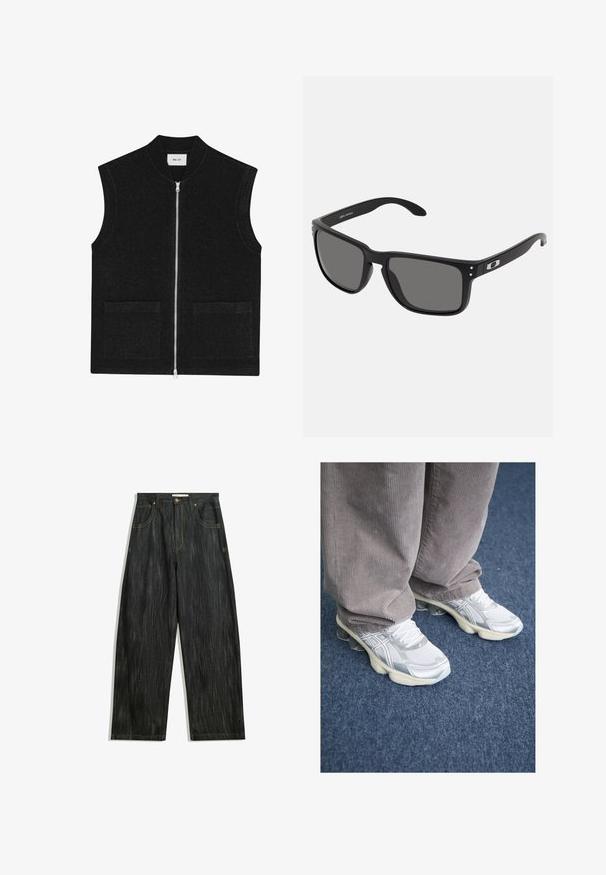 NN.07 BOILED - Bodywarmer - black; Zwarte relaxed-fit t-shirt van katoen met korte mouwen. Heeft een klein wit logo op de borst en een label aan de onderzoom.; Donkerdenim jeans met een losse pasvorm, voorzien van subtiele verticale textuur, gele stiksels, vijf zakken en een klassieke knoopsluiting.; Witte atletiekschoenen van mesh met zilveren accenten, voorzien van een dikke zool en vetersysteem. Draag ze met grijze corduroy broek. Blauwe tapijtvloer op de achtergrond.; Zwarte zonnebril met een dikke kunststof montuur, donkergrijze glazen en subtiele metalen accenten op de armen. Vierkante vorm met een gladde textuur.