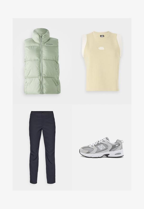 Lichtgroene, puffy mouwloze vest met een hoge kraag, een rits aan de voorkant en een subtiele geruite textuur. Logo aan de bovenkant van de linkerborst.; Mouwloos topje van pastelgele katoen met een ronde halslijn. Heeft contrasterende crèmekleurige schouderpanelen en een gemêleerd logo op de borst.; Navyblauwe broek van gladde stof, met een sluiting aan de voorkant met een knoop, slim-fit ontwerp en geplooide details bij de knieën.; Grijze sportieve schoenen met een bovenwerk van mesh en suede, witte veters en een zwarte buitenzool. Voorzien van een opvallend "N"-logo en een gevoerde kraag.