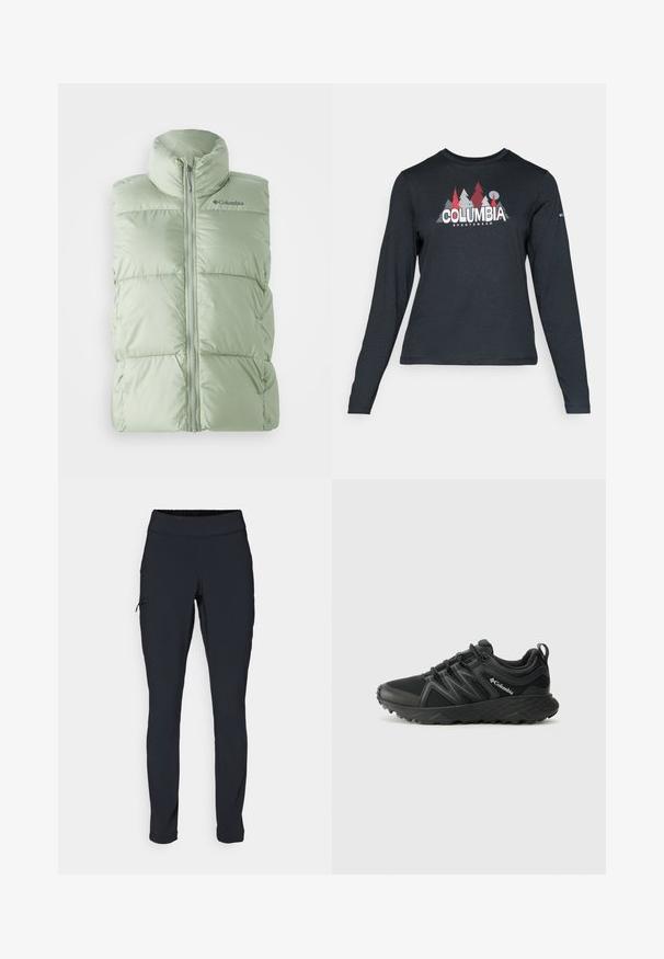 Jasnozielona, puszysta kamizelka bez rękawów z wysokim kołnierzem, zamkiem błyskawicznym z przodu i subtelną kratkowaną fakturą. Logo na górnej lewej części klatki piersiowej.; Długie rękawy, ciemnoszara koszula z grafiką czerwonych drzew i gór; logo "COLUMBIA" w wyraźnym białym tekście. Miękka tkanina, standardowy okrągły dekolt.; Czarne spodnie sportowe o dopasowanym kroju, z elastycznym pasem i boczną kieszenią na zamek. Gładki, elastyczny materiał z minimalną ilością szwów.; Columbia PEAKFREAK czarny