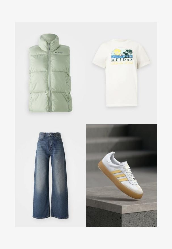 Lysegrønn, luftig ermeløs vest med høy krave, glidelås foran og en subtil rutete tekstur. Logo på øvre venstre bryst.; Hvit bomulls t-skjorte med grafisk design som viser en sol, palmer og vann. "ADIDAS Sports Club" trykket i grønt og gult.; Blå høy midje vide ben jeans med knapp foran og lommer, falmet tekstur på lårene og rett kant.; Hvit lær-sneaker med gule detaljer, tre striper og en såle i gummi. Har avrundet tå og strukturert tunge.