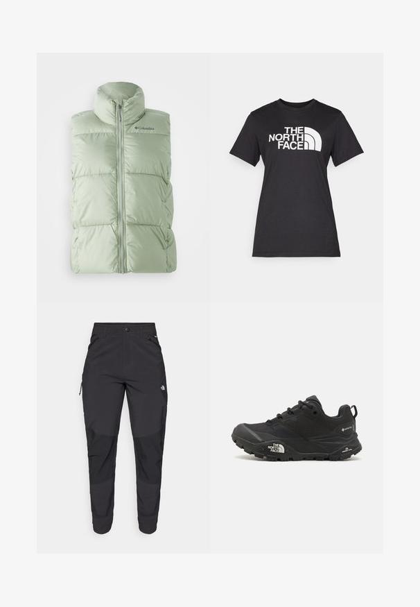 Világoszöld, puffos ujjatlan mellény magas gallérral, elülső cipzárral és finom kockás textúrával. Logó a bal felső mellkason.; Fekete pamut póló, amelyen egy nagy fehér "THE NORTH FACE" logó és ívelt díszítés található. Rövid ujjú és kerek nyakú, sima textúrájú.; Fekete kültéri nadrág tartós anyagból. Cipzáros zsebekkel, megerősített térdpanellel és egyenes szabással a mozgékonyságért.; Fekete túrázó cipő texturált felsőrésszel, fűzős záródással és vastag gumitalppal, mely oldalán egy kiemelkedő logó és mintázott talpkialakítás található.