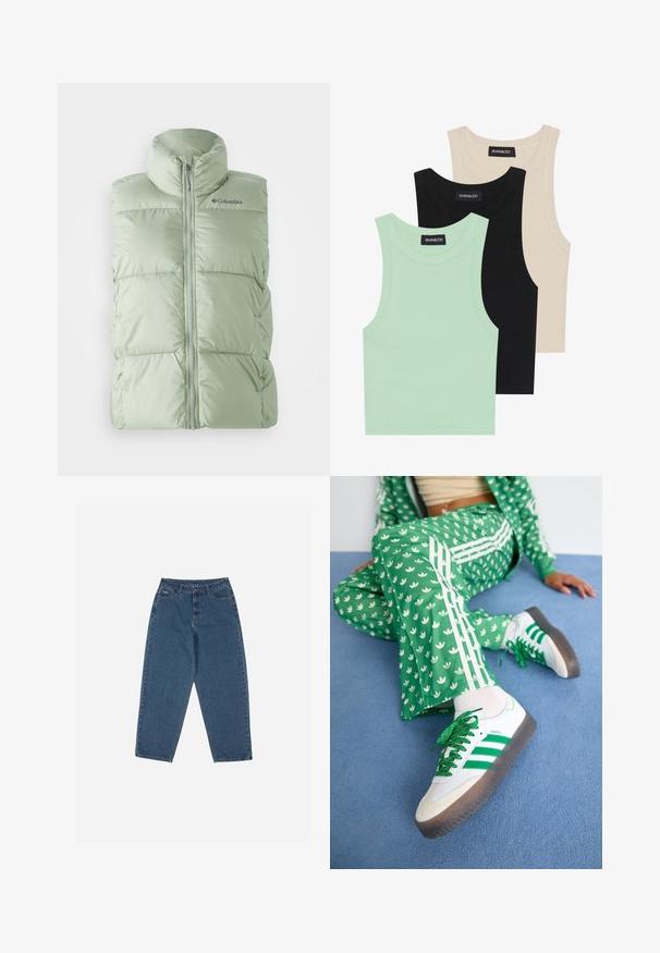 Jasnozielona, puszysta kamizelka bez rękawów z wysokim kołnierzem, zamkiem błyskawicznym z przodu i subtelną kratkowaną fakturą. Logo na górnej lewej części klatki piersiowej.; Trzy topy na ramiączkach w kolorze miętowym, czarnym i beżowym; wykonane z prążkowanej tkaniny, z okrągłym dekoltem i bez rękawów. Widać metkę marki.; Niebieskie dżinsy o luźnym kroju, wysoki stan, pięć kieszeni i akcenty przeszycia. Posiadają zapięcie na guzik i zamek błyskawiczny.; Zielony dres w wzory z białymi motywami kwiatowymi i białymi paskami, w połączeniu z białymi trampkami z zielonymi paskami i błyszczącymi sznurowadłami.