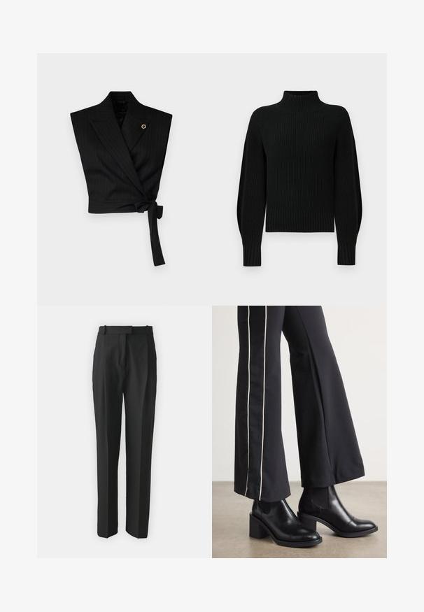 Melnās kūka top, kas izceļas ar pinstrīpu rakstu, ar plašu klātni, sasietu jostu un zeltītu aksesuāru kreisajā pusē.; Melnā adīta džemperis ar augstu apkakli, ribotu tekstūru un raglanu piedurknēm. Piedurknes ir nedaudz novērtētas, ar biezu ribotu apakšmali.; Melnas pielāgotas bikses, izgatavotas no viegla auduma, ar taisnu griezumu, plakanu fronti un jostām. Gluda tekstūra bez redzamām rakstām.; Melnas ādas potīšu zābaki ar blokveida papēdi, aprīkoti ar elastīgām sānu paneļiem. Kombinēti ar melniem biksēm, kuru sānos ir baltas svītras.