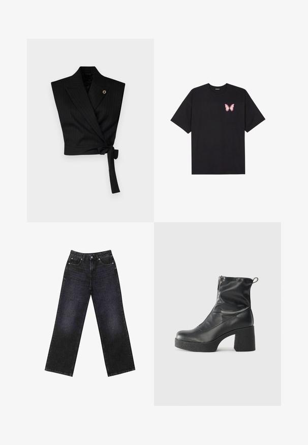 Crni top na preklop s uzorkom tankih pruga, širi ovratnik, vezana struk i zlatna ukrasna oznaka s lijeve strane.; Crna pamučna majica s kratkim rukavima, s malim grafičkim prikazom ružičaste vjetricaste s desne strane na prsima. Dizajn s okruglim izrezom i opuštenim krojem.; Crne traperice visokog struka s širokim nogavicama, dizajn s pet džepova i vidljivim šavovima. Tkanina ima glatku, blago teksturiranu završnu obradu.; Crne gležnjače od glatke kože, s bočnim zatvaračem, debelim teksturiranim potplatom i dizajnom s zaobljenim prstima.