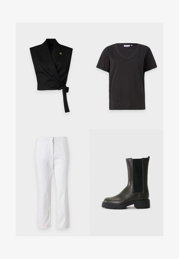 Top negru înfășurat cu un model cu dungi, având reveruri largi, talie legată și un ac de accent aurie pe partea stângă.; Tricou negru din bumbac cu decolteu în V și mâneci scurte. Design simplu, cu o croială normală și fără modele sau accente.; Pantaloni din bumbac alb, cu un design drept, având talie medie și fără hardware sau modele vizibile. Textură uniformă pe întreaga suprafață.; Botine verzi din piele cu panouri elastice pe laterale, vârf rotund și talpă din cauciuc. Încălțămintea are un finisaj texturat și un toc pătrat.