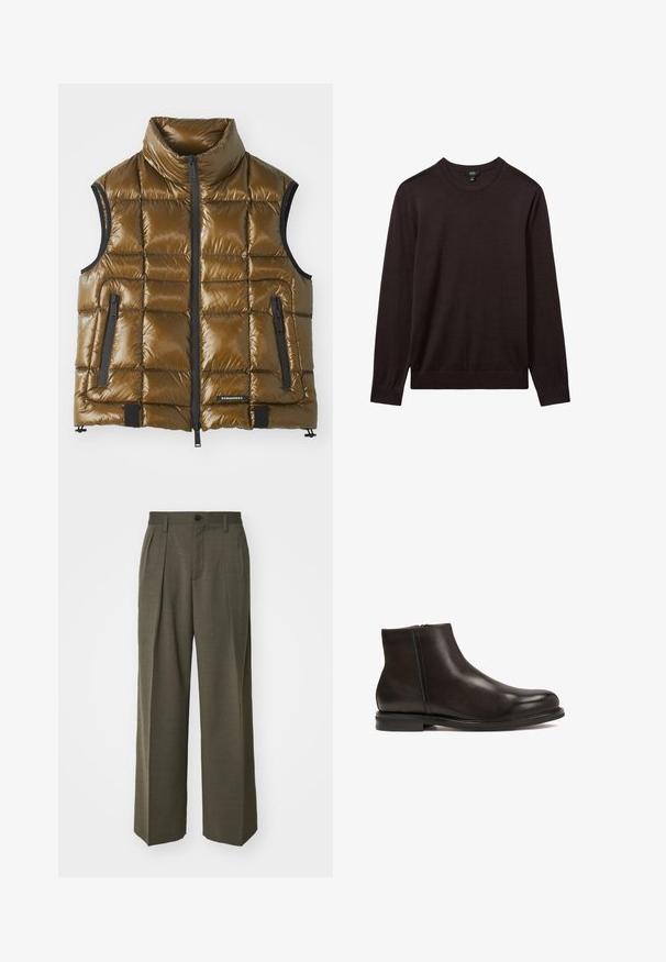 Gilet imbottito in tessuto metallico marrone con colletto alto. Presenta tasche con zip e una zip frontale. Texture liscia, design a quadri rettangolari.; Reiss Maglione - dark bordeaux; Filippa K WIDE TROUSERS - Pantaloni - driftwood; Stivale alla caviglia in pelle nera con una superficie liscia, punta arrotondata e tacco basso. Presenta una zip laterale per indossarlo facilmente.