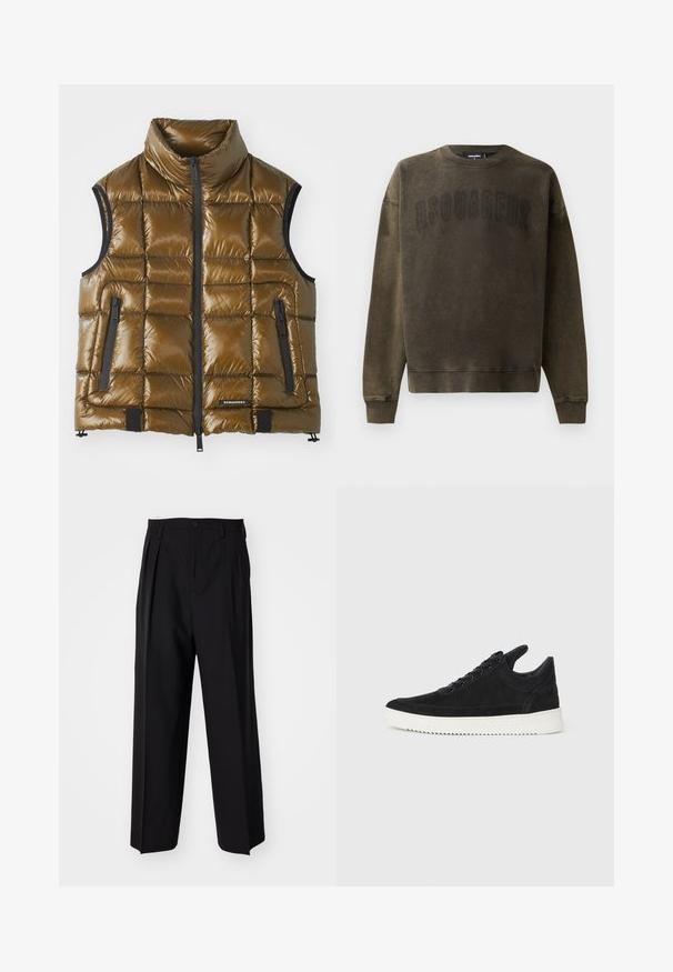 Ανατομικό γιλέκο από μεταλλικό καφέ ύφασμα με ψηλό γιακά. Διαθέτει τσέπες με φερμουάρ και μπροστινό φερμουάρ. Λείο υλικό, με τετράγωνη ραφή.; Dsquared2 Φούτερ - brown; Μαύροι πιέτες παντελόνια με ίσια, φαρδιά γραμμή. Κατασκευασμένα από λείο ύφασμα, με κλείσιμο με κουμπί και θηλιές για ζώνη.; Μαύρο σουέτ αθλητικό παπούτσι με λευκή καουτσούκ σόλα, με τόνο ραφές και σχέδιο με κορδόνια. Λείος υφή με μοντέρνα, αεροδυναμική γραμμή.