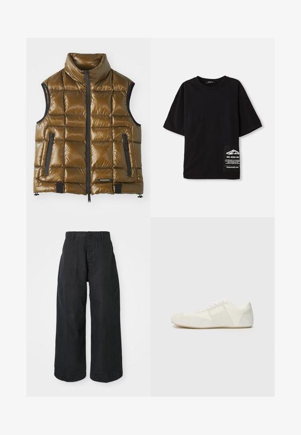 Chaleco acolchado en tejido marrón metálico con un cuello alto. Presenta bolsillos con cremallera y una cremallera frontal. Textura suave, diseño de acolchado rectangular.; Camiseta negra de gran tamaño hecha de algodón, con mangas cortas, un escote redondo y una etiqueta con texto blanco en un bolsillo lateral.; Pantalones de pierna ancha negros hechos de material de lona con cierre de botón, que cuentan con dos bolsillos frontales y un ajuste relajado.; Zapatilla deportiva blanca con un diseño elegante, que presenta una puntera de ante, paneles de cuero y acentos texturizados en contraste. Suela plana de goma.
